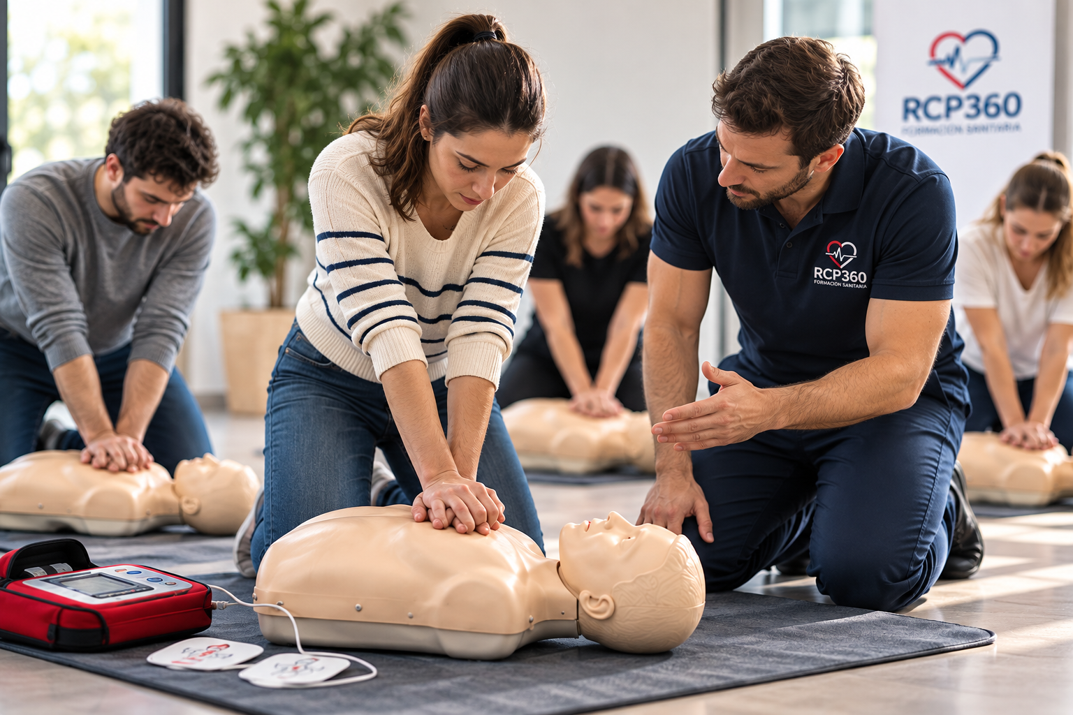 Participantes practicando maniobras de reanimación cardiopulmonar durante una formación sanitaria